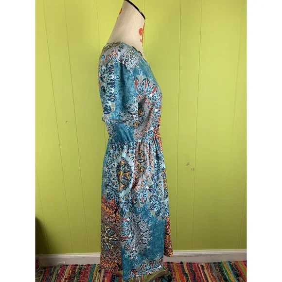 Women Dress Sz L Large Short Sleeve Pleated Pockets Stretch Elastic Waist Casual - Picture 2 of 12